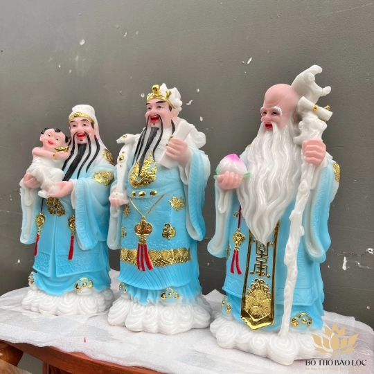 Tượng Phúc Lộc Thọ bằng đá Việt Nam cầu bình an tài lộc cao 36cm ( Bộ Tam Đa) - màu xanh