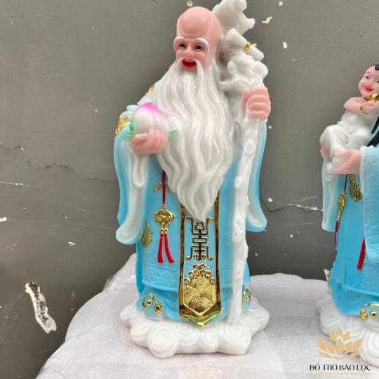 Tượng Phúc Lộc Thọ bằng đá Việt Nam cầu bình an tài lộc cao 36cm ( Bộ Tam Đa) - màu xanh