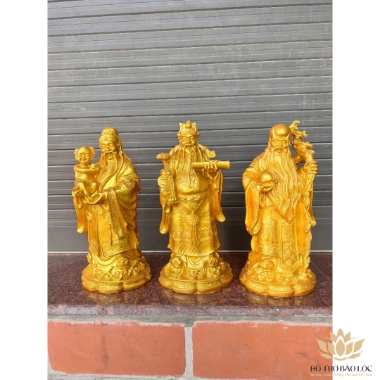 [14inch] Tượng Phúc Lộc Thọ Bột Đá Cao 35cm Màu Vàng