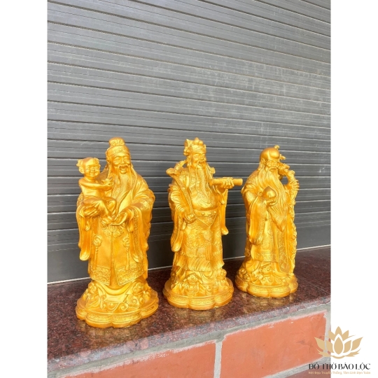 [14inch] Tượng Phúc Lộc Thọ Bột Đá Cao 35cm Màu Vàng