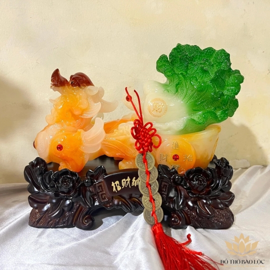 Tượng Tỳ Hưu kéo Bắp cải phong thủy cao 22cm ngang 28 cm – Xanh