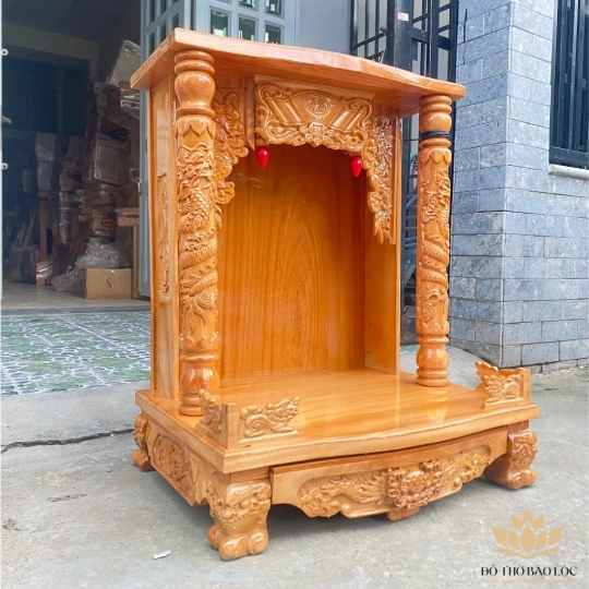 Bàn thờ thần tài thổ địa gỗ gõ đỏ quỳ trụ ngang 60cm x cao 76cm