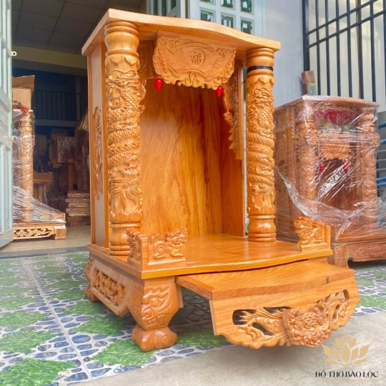 Bàn thờ thần tài thổ địa gỗ gõ đỏ ngang 60cm x cao 98cm x cột 10cm
