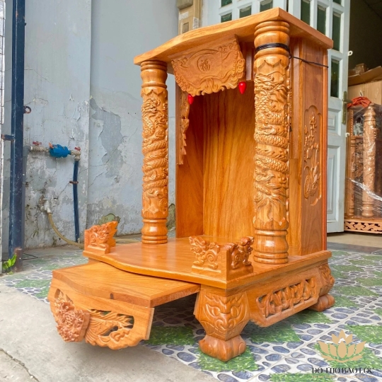Bàn thờ thần tài thổ địa gỗ gõ đỏ ngang 60cm x cao 98cm x cột 10cm