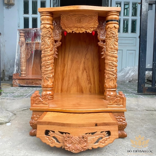 Bàn thờ thần tài thổ địa gỗ gõ đỏ ngang 60cm x cao 88cm x cột 10cm