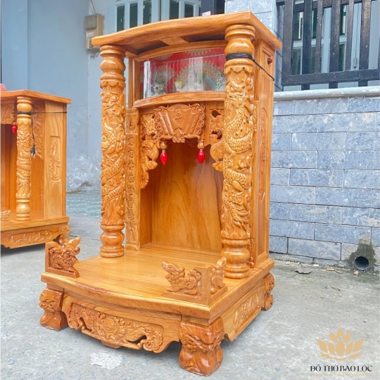 Bàn thờ thần tài thổ địa gỗ Gõ Đỏ ngang 48cm x cao 81cm trụ hộp đèn điện tử