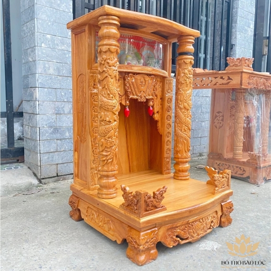 Bàn thờ thần tài thổ địa gỗ Gõ Đỏ ngang 48cm x cao 81cm trụ hộp đèn điện tử