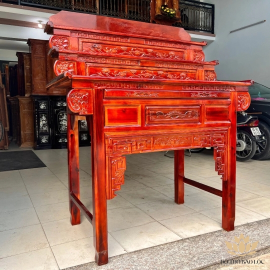Bàn thờ gia tiên gỗ tràm bông vàng 3 tầng - Ngang 1m07