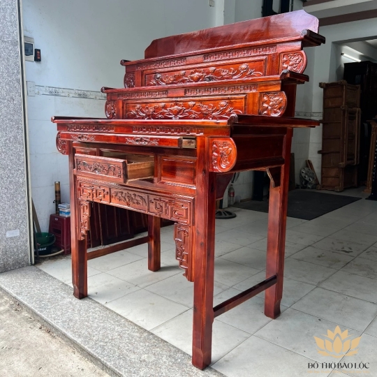 Bàn thờ gia tiên gỗ tràm bông vàng 3 tầng - Ngang 1m07