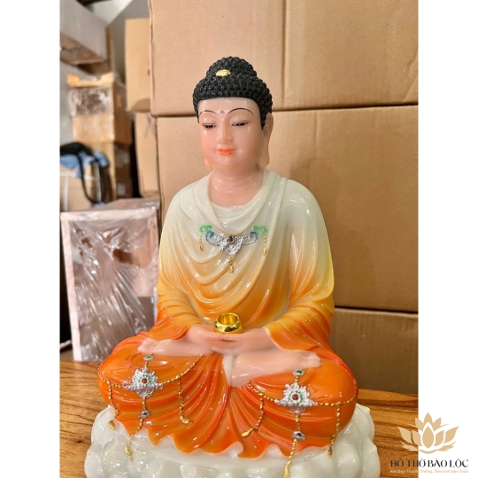 [12inch] Tượng Thích Ca Mâu Ni Phật Ngồi Đài Sen Bằng Đá Nhập Cao 30cm - Màu Cam