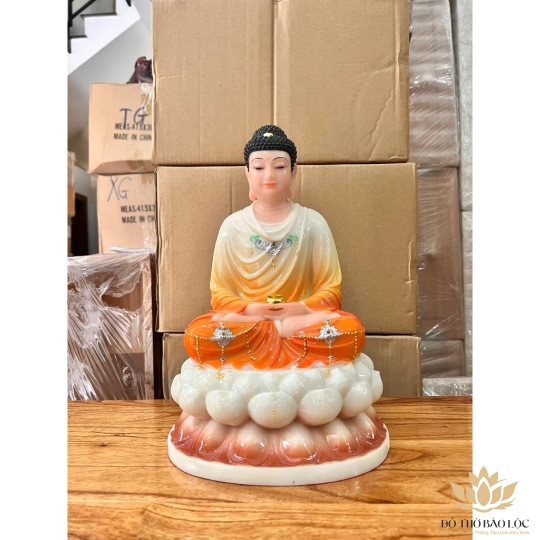 [12inch] Tượng Thích Ca Mâu Ni Phật Ngồi Đài Sen Bằng Đá Nhập Cao 30cm - Màu Cam