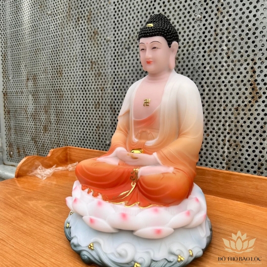 [12inch] Tượng Phật A Di Đà áo gấm bằng đá nhập khẩu cao cấp  cao 31cm – Màu cam