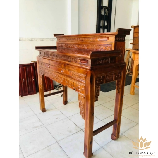 Bàn thờ gia tiên gỗ tràm bông vàng 2 tầng ngang 1m47