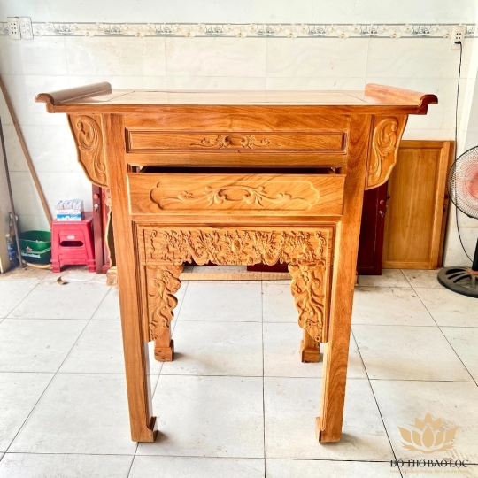 Bàn thờ gia tiên hai tầng gỗ căm xe mặt gõ ngang 1.27m