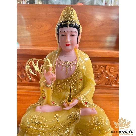 [12inch] Tượng Phật Quan Âm Ngồi Đài Sen Cao 30cm Đá Nhập Khẩu -Màu Vàng