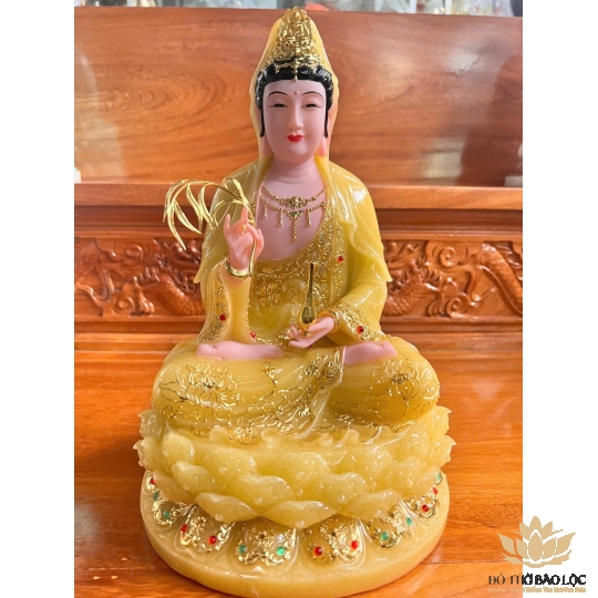 [12inch] Tượng Phật Quan Âm Ngồi Đài Sen Cao 30cm Đá Nhập Khẩu -Màu Vàng