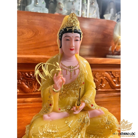 [12inch] Tượng Phật Quan Âm Ngồi Đài Sen Cao 30cm Đá Nhập Khẩu -Màu Vàng