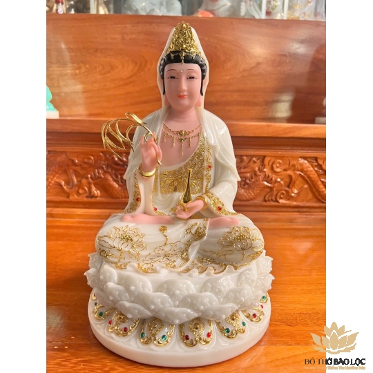 [12inch] Tượng Phật Quan Âm Ngồi Đài Sen Cao 30cm Đá Nhập Khẩu -Màu Trắng