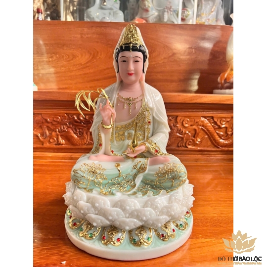 [12inch] Tượng Phật Quan Âm Ngồi Đài Sen Cao 30cm Đá Nhập Khẩu -Màu Trắng phối Xanh