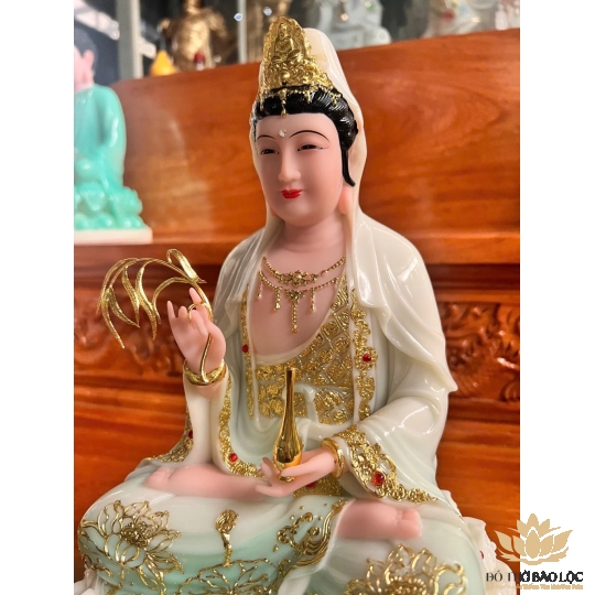 [12inch] Tượng Phật Quan Âm Ngồi Đài Sen Cao 30cm Đá Nhập Khẩu -Màu Trắng phối Xanh