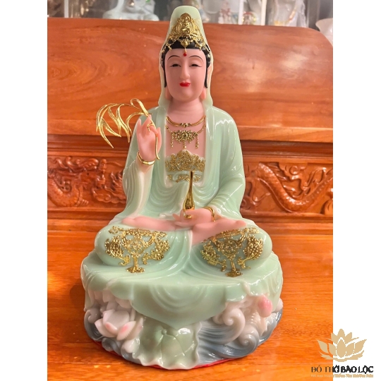 [12inch] Tượng Phật Quan Âm Ngồi Đài Sen Cao 30cm Đá Nhập Khẩu -Màu Xanh Ngọc