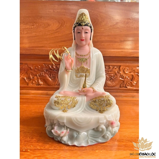 [12inch] Tượng Phật Quan Âm Ngồi Đài Sen Cao 30cm Đá Nhập Khẩu -Màu Trắng