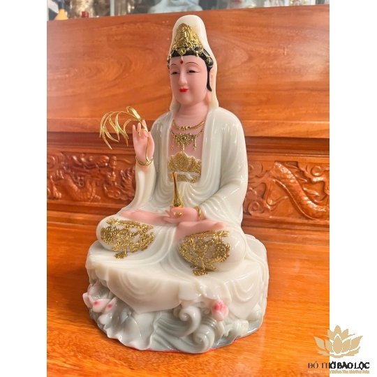[12inch] Tượng Phật Quan Âm Ngồi Đài Sen Cao 30cm Đá Nhập Khẩu -Màu Trắng