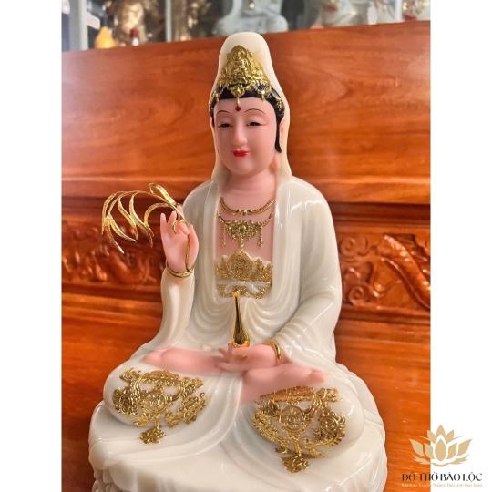 [16inch] Tượng Phật Quan Âm Ngồi Đài Sen Đá Nhập Cao Cấp 3 Màu (Trắng, Xanh, Vàng) - Cao 30cm - Decor Phòng Khách 