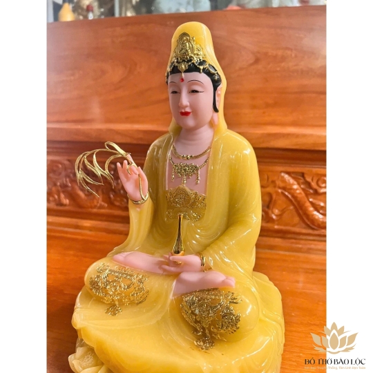 [16inch] Tượng Phật Quan Âm Ngồi Đài Sen Đá Nhập Cao Cấp 3 Màu (Trắng, Xanh, Vàng) - Cao 30cm - Decor Phòng Khách 