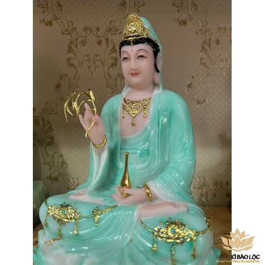 [12inch] Tượng Phật Quan Âm Ngồi Đài Sen Đá Việt Nam Cao Cấp 3 Màu (Trắng, Xanh, Vàng) - Cao 30cm - Trang Trí Nhà
