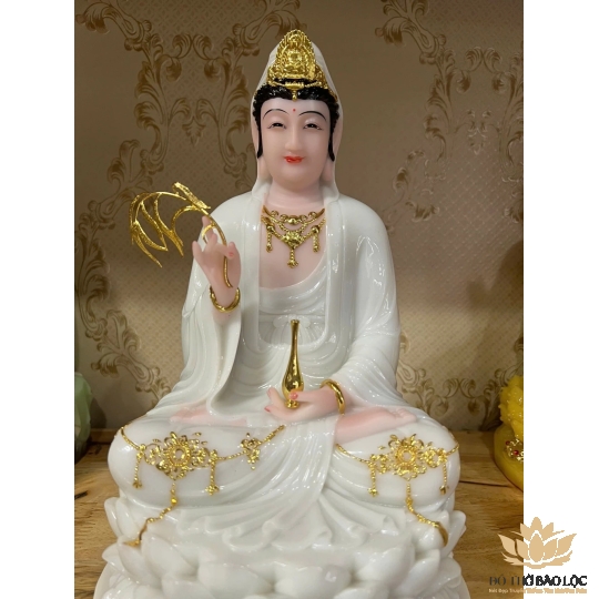 [12inch] Tượng Phật Quan Âm Ngồi Đài Sen Đá Việt Nam Cao Cấp 3 Màu (Trắng, Xanh, Vàng) - Cao 30cm - Trang Trí Nhà