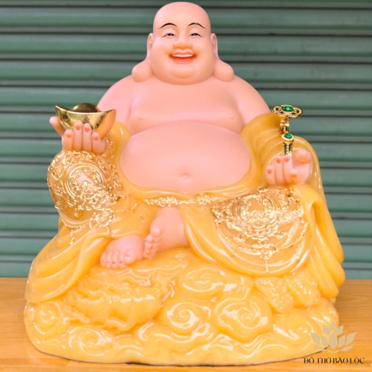Tượng Di lặc cầm gậy như ý bằng đá cao 29cm – 3 màu