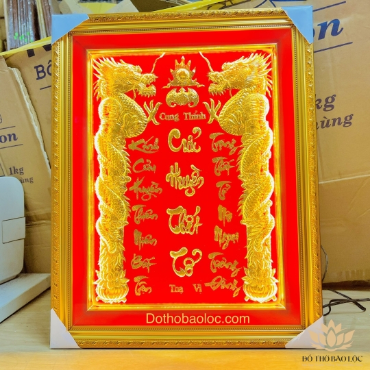 [38xx48] Cửu Huyền Thất Tổ Ngang 38cm Cao 48cm Dát vàng 24 K khung nhựa - có đèn