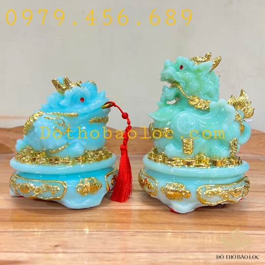 Com bo Tượng Tỳ Hưu phong thủy và tượng thiềm thừ phong thủy  để bàn thờ thần tài hoặc bàn làm việc – Màu xanh
