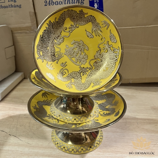 Đĩa sứ đựng trái cây thờ cúng vàng 3D đường kính 25 cm