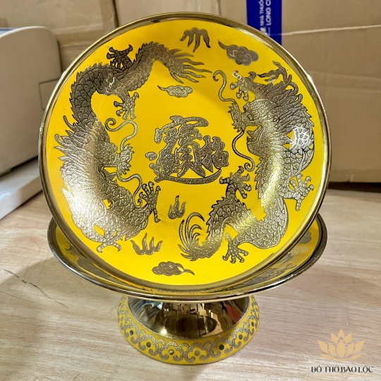 Đĩa sứ đựng trái cây thờ cúng vàng 3D đường kính 25 cm