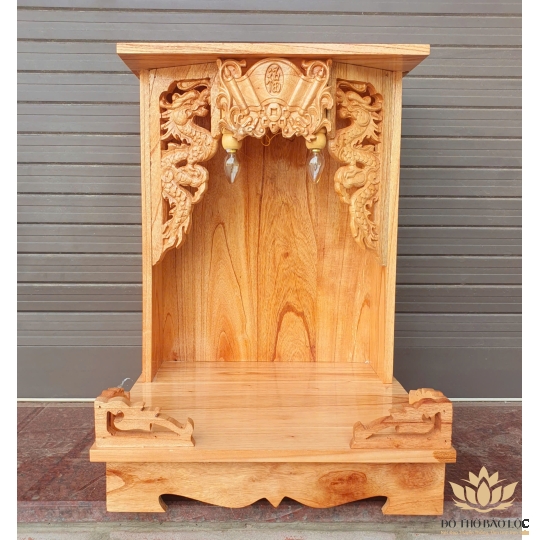 Bàn thờ thần tài ông địa gỗ xoan đào ngang 35cm lọng cực đẹp rẻ và bền bỉ hai màu vàng nhạt và đỏ