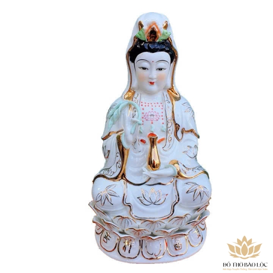 Tượng Quan Âm gốm sứ cao cấp màu trắng ngồi trên đài sen cao 45cm