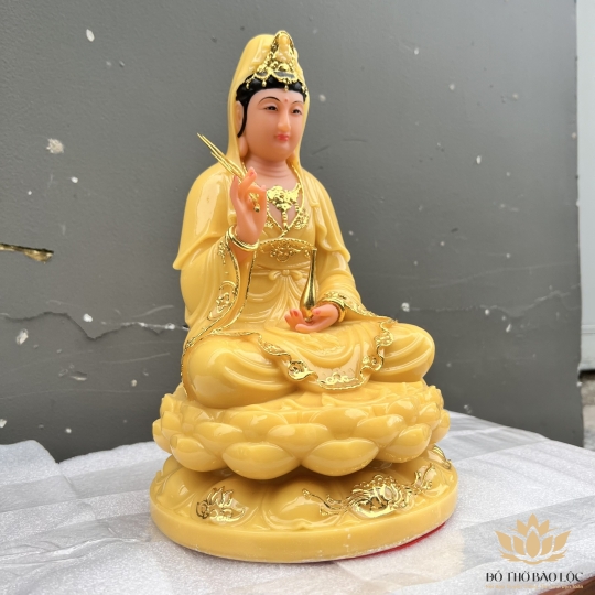 Tượng Phật Quan Âm ngồi đài sen đá Việt Nam cao cấp cao 30cm – Màu vàng thạch anh
