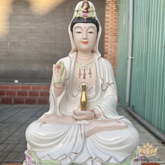 Tượng Quan Âm ngồi Đài Sen Sứ Đức Hóa Cao Cấp hàng nhập khẩu Cao 29cm