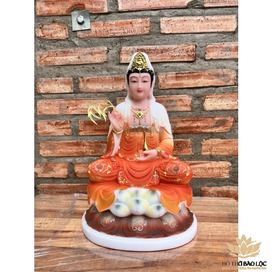 [12inch] Tượng Quan Thế Âm Bồ Tát Mẫu Áo Gấm Bằng Đá Hàng Nhập Khẩu Cao 30cm - Màu Cam