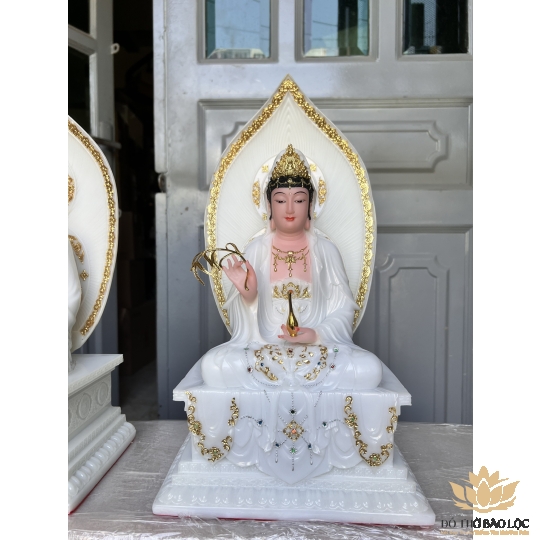 [16inch] Tượng Quan Thế Âm Bồ Tát Đá Nhập Khẩu Cao Cấp Đế Vuông Cao 40cm - Màu Trắng