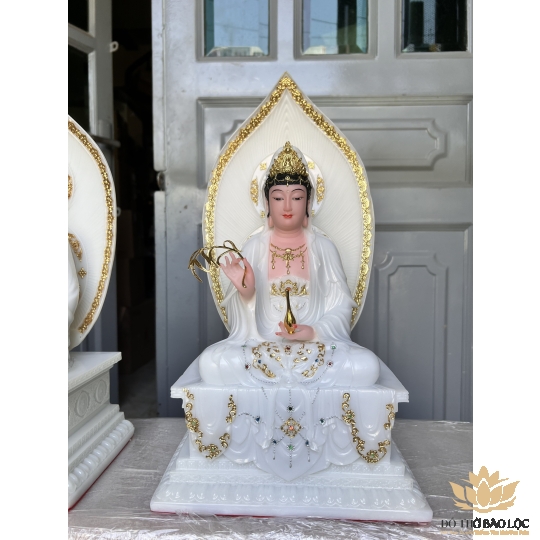 [16inch] Tượng Quan Thế Âm Bồ Tát Đá Nhập Khẩu Cao Cấp Đế Vuông Cao 40cm - Màu Trắng