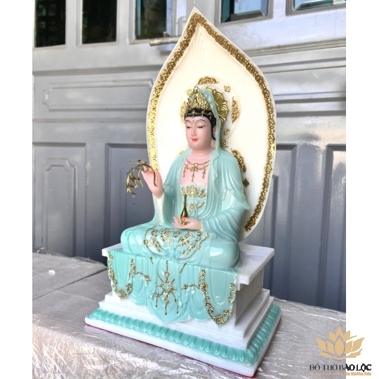 [16inch] Tượng Quan Thế Âm Bồ Tát Đá Nhập Khẩu Cao Cấp Đế Vuông Cao 40cm - Màu Xanh