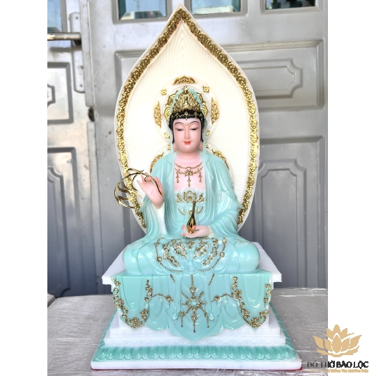 [16inch] Tượng Quan Thế Âm Bồ Tát Đá Nhập Khẩu Cao Cấp Đế Vuông Cao 40cm - Màu Xanh