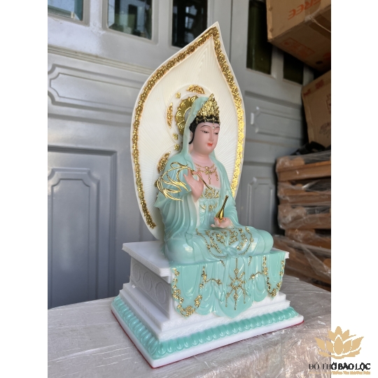 [16inch] Tượng Quan Thế Âm Bồ Tát Đá Nhập Khẩu Cao Cấp Đế Vuông Cao 40cm - Màu Xanh