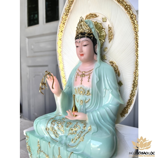 [16inch] Tượng Quan Thế Âm Bồ Tát Đá Nhập Khẩu Cao Cấp Đế Vuông Cao 40cm - Màu Xanh