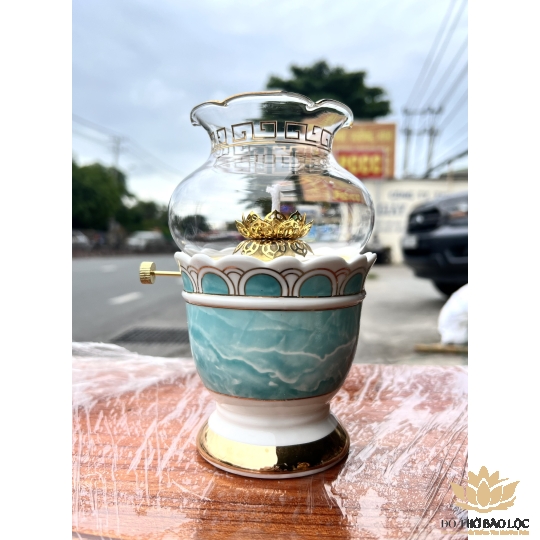 Đèn dầu sứ trắng cao cấp nhập khẩu cao 17.5cm- Xanh