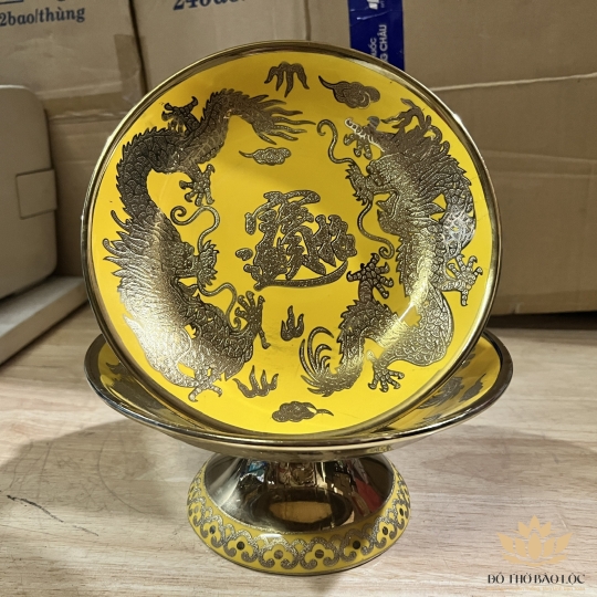 Đĩa sứ đựng trái cây thờ cúng vàng 3D đường kính 25 cm