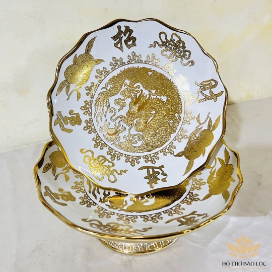 Đĩa sứ đựng trái cây thờ cúng sứ 3D vàng đường kính 23cm